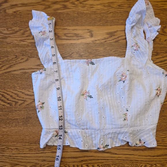 Cottage Core S White Floral Embroidered Ruffle Crop Top Square Neck Tie Back - Picture 11 of 11